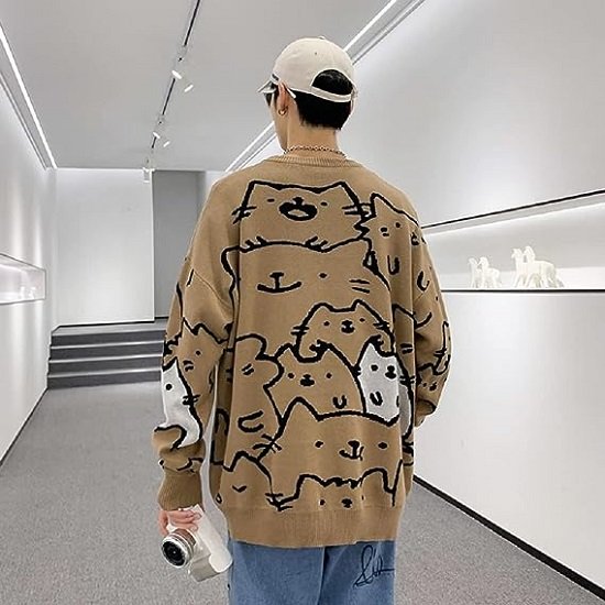 Autumn Cotton Anime Sweaters Men Vintage  Streetwear Cute Cat Cartoon Pullover Men Clothing